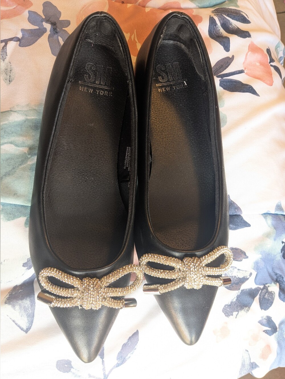 SM New York Black Pointed Flats with Gold Bow Detail Size 8